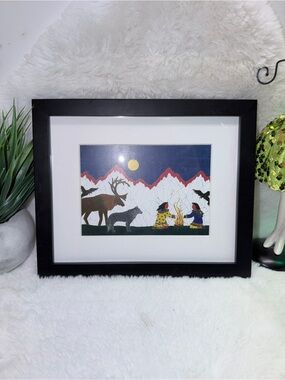 Signed Hand Crafted Art Framed Indigenous Style Mountain Scene Navy, Red, White
